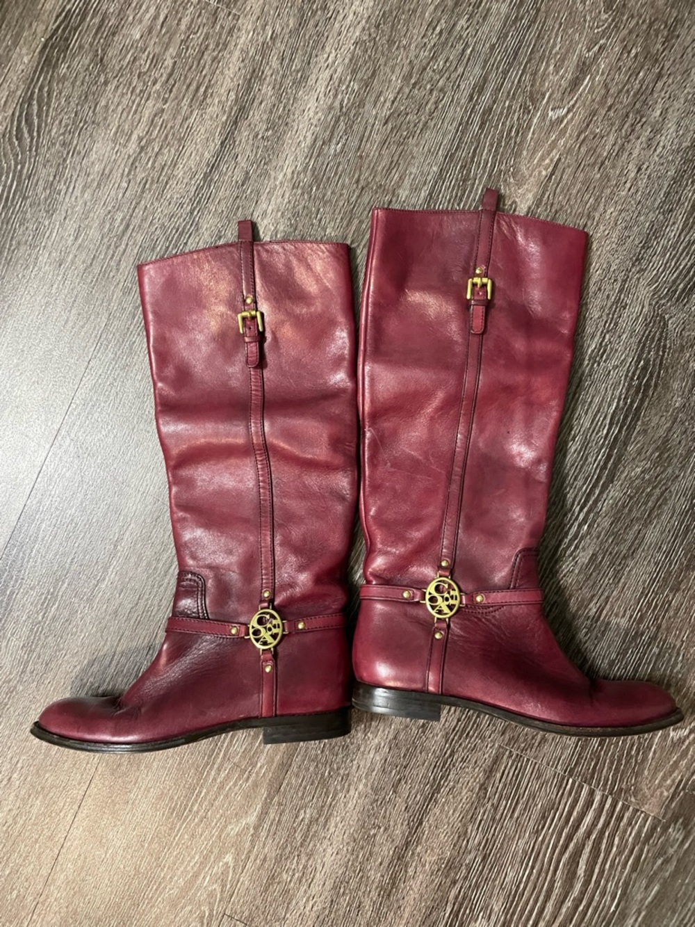 Coach Burgundy Leather Knee-High Boots with Gold Accent